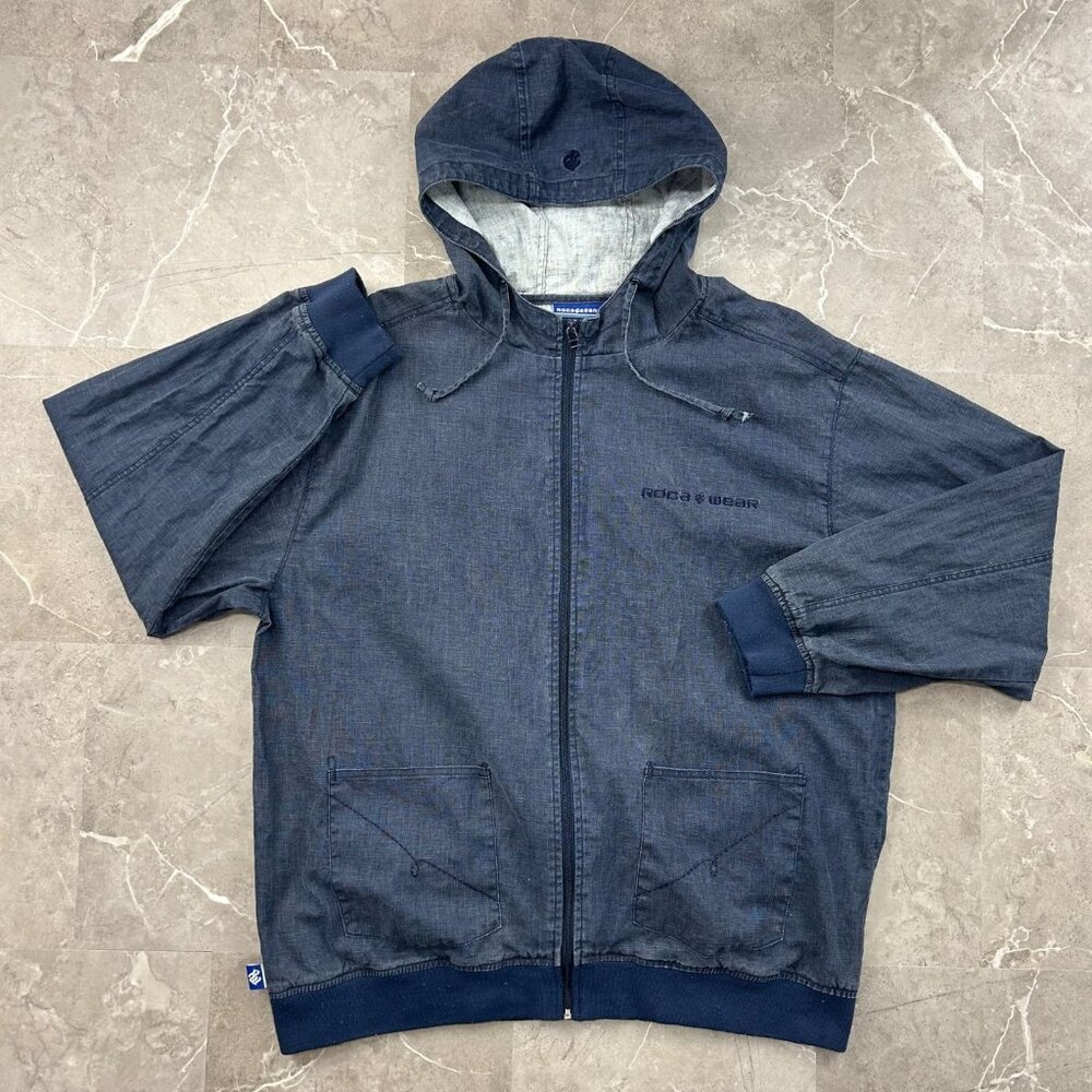 Vintage Rocawear Linen Hoodie Jacket Mens‎ XL Blue Hip Hop Rap Jay Z Embroidered